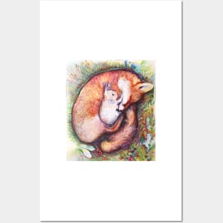 fox and rabbit love illustration with pens Posters and Art